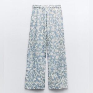 Zara Printed Rami Pants Blue Cream Comfy Vacation Cruise Lightweight Size Medium